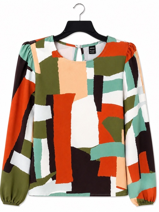 SHEIN Tops - SHEIN Artsy Abstract Geometric Earth Tone Long Sleeve Blouse XL